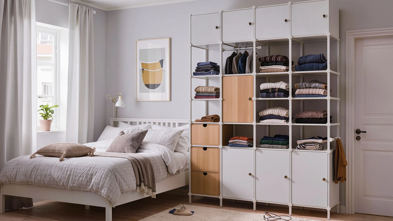 Clothing & wardrobe overflow in a compact 1-bedroom apartment bedroom using mixed modular system (open + closed)