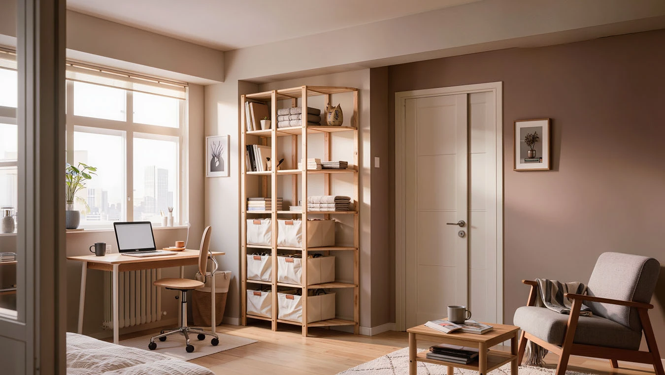 Decorative + functional hybrid storage in a open-concept small apartment studio apartment main using corner shelving units