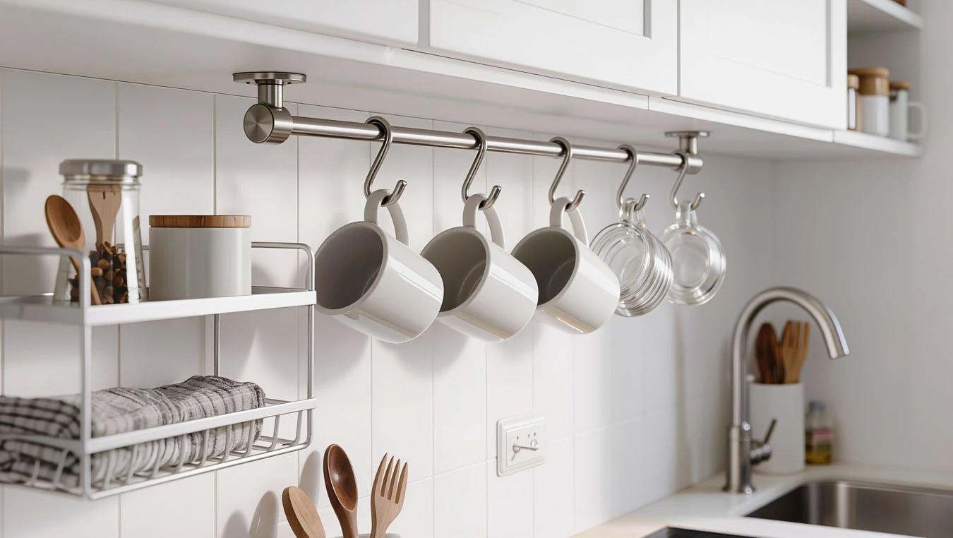 Mug hanging system in a small studio apartment kitchen backsplash using over-the-cabinet hook rack