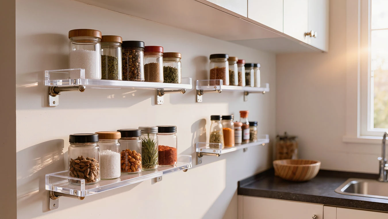 Spice organization in a open-concept small apartment kitchen backsplash using adhesive floating shelf