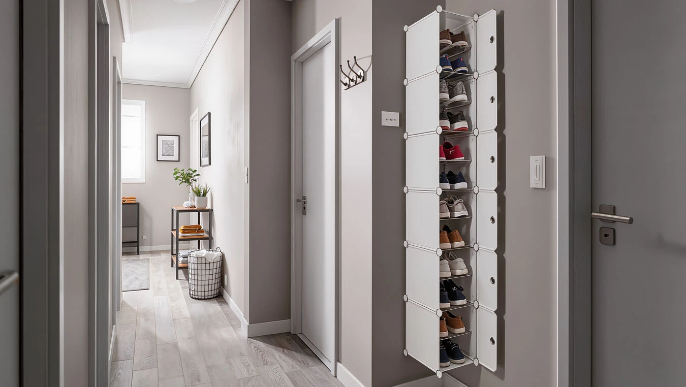 Shoe organization system in a narrow railroad-style apartment narrow hallway transition using narrow vertical tower unit