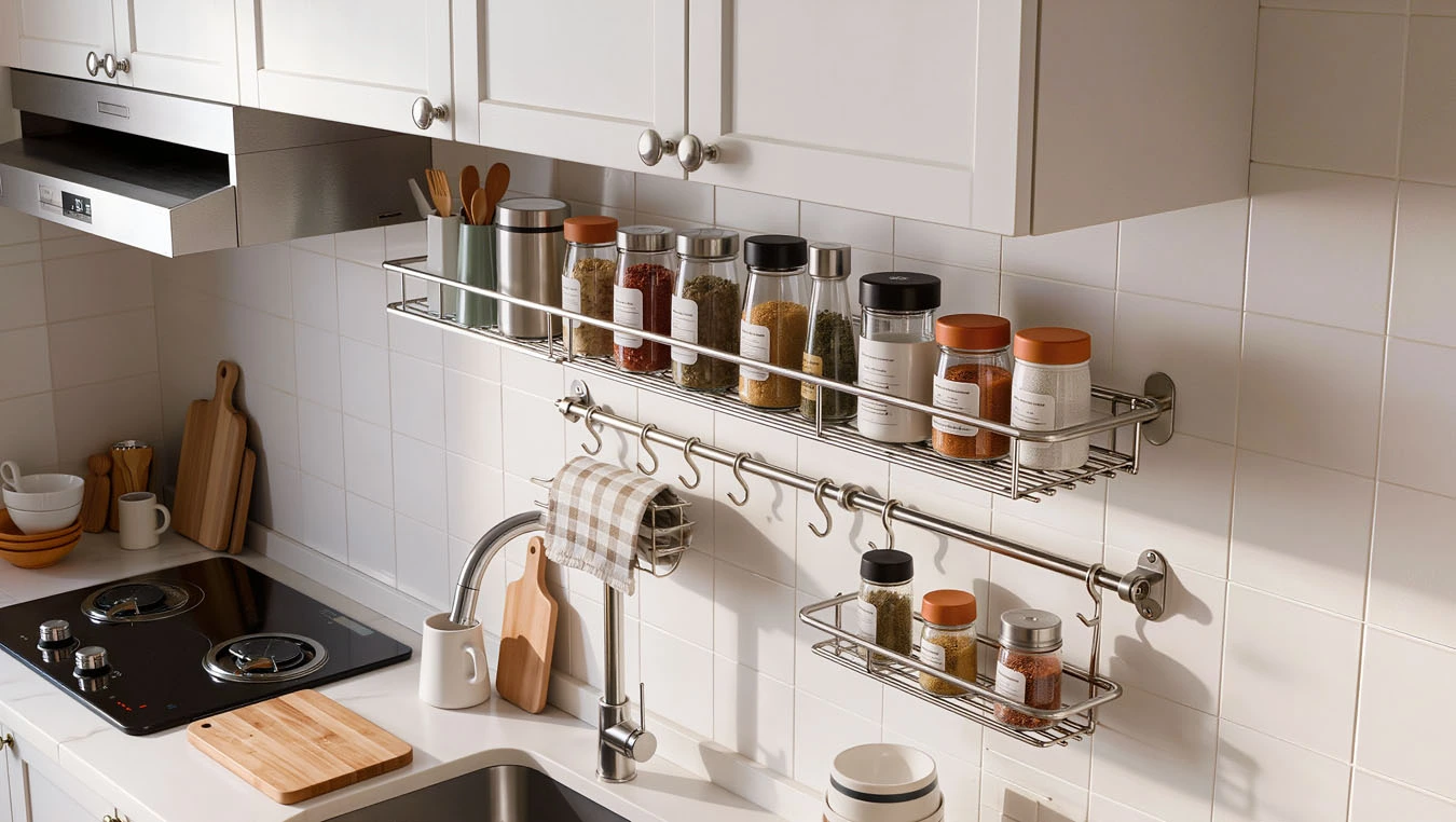 Spice organization in a compact 1-bedroom apartment kitchen backsplash using wall-mounted shelf