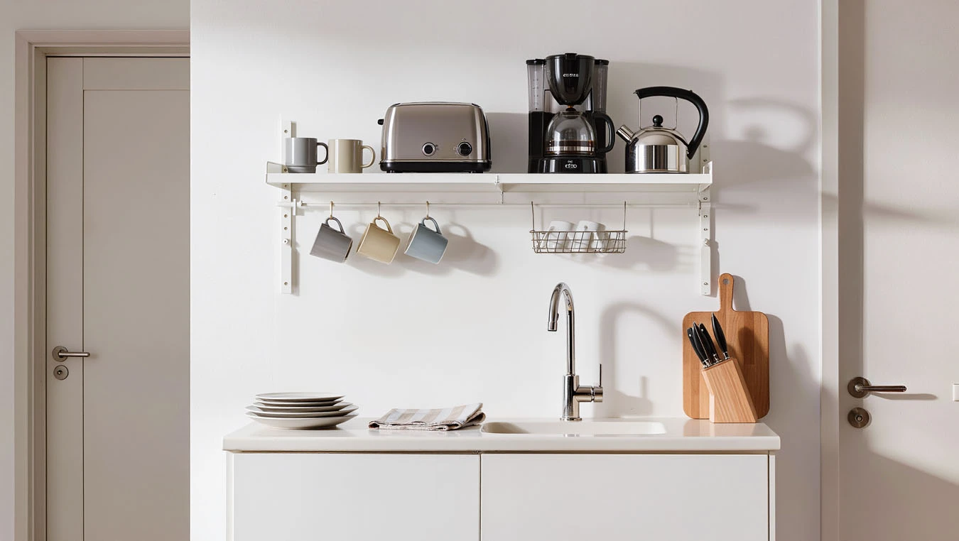 Small appliance storage in a compact 1-bedroom apartment kitchen backsplash using wall-mounted shelf