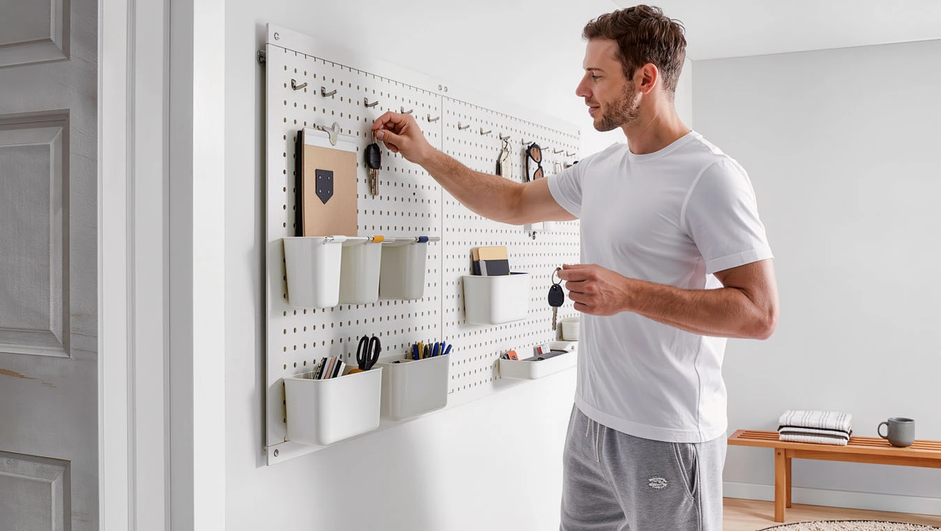 Key & small item wall organization in a micro-studio (very compact, tight layout) living room using pegboards