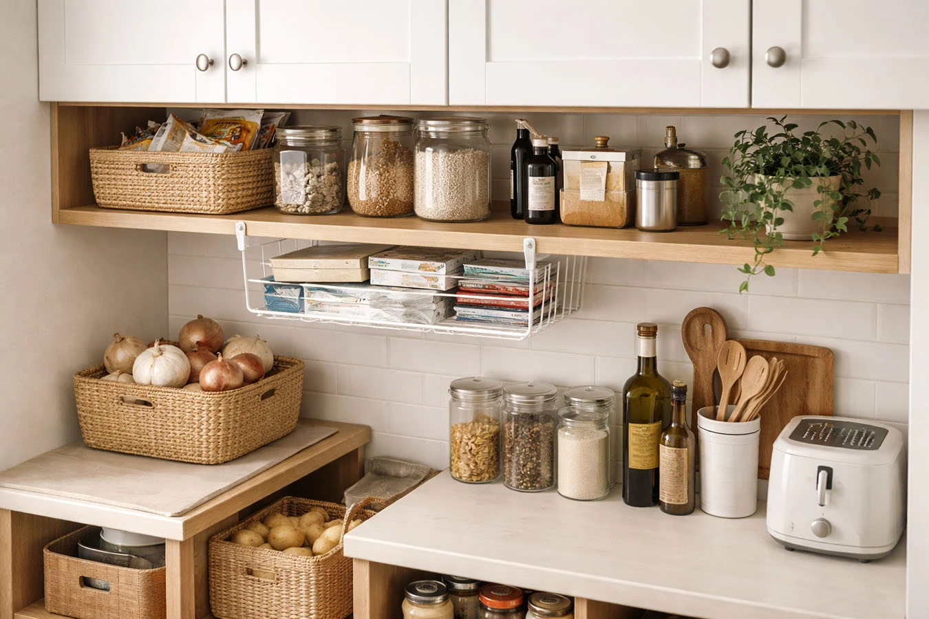 Pantry & kitchen overflow in a open-concept small apartment kitchen overflow using under-shelf hanging basket