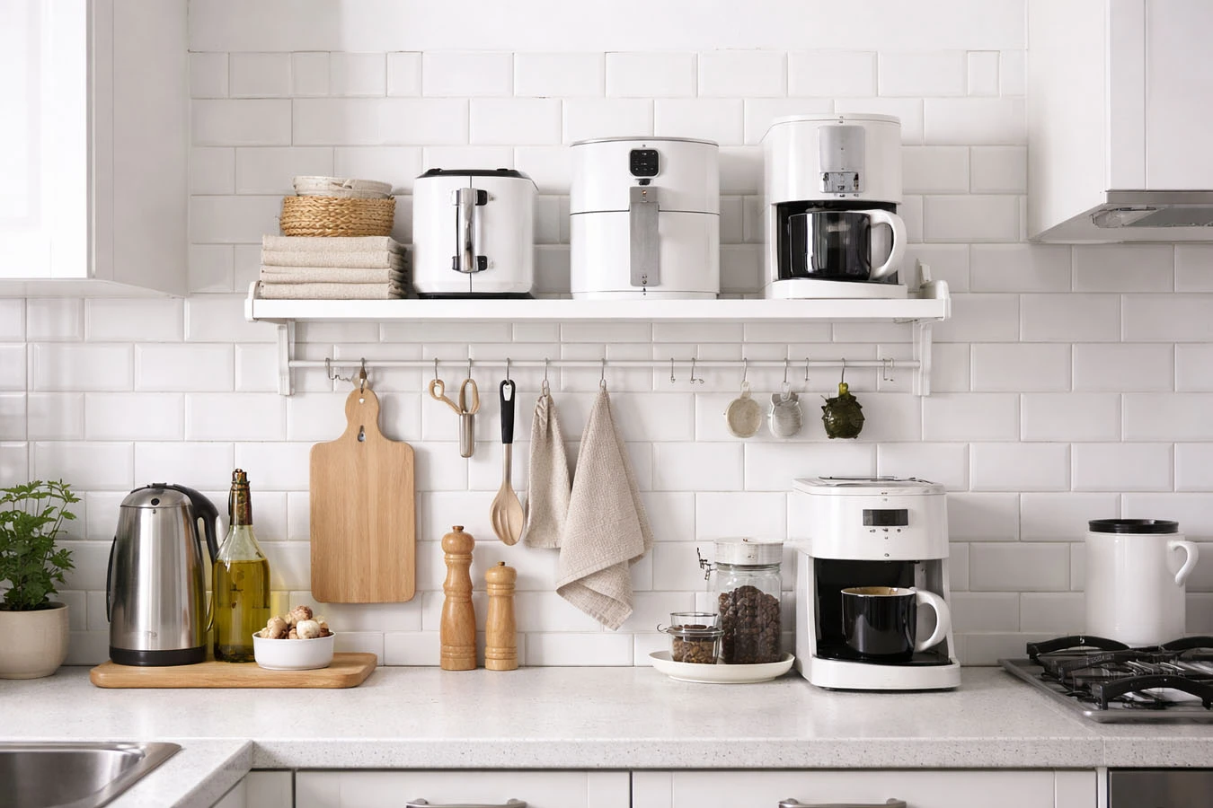 Small appliance storage in a compact 1-bedroom apartment kitchen backsplash using wall-mounted shelf