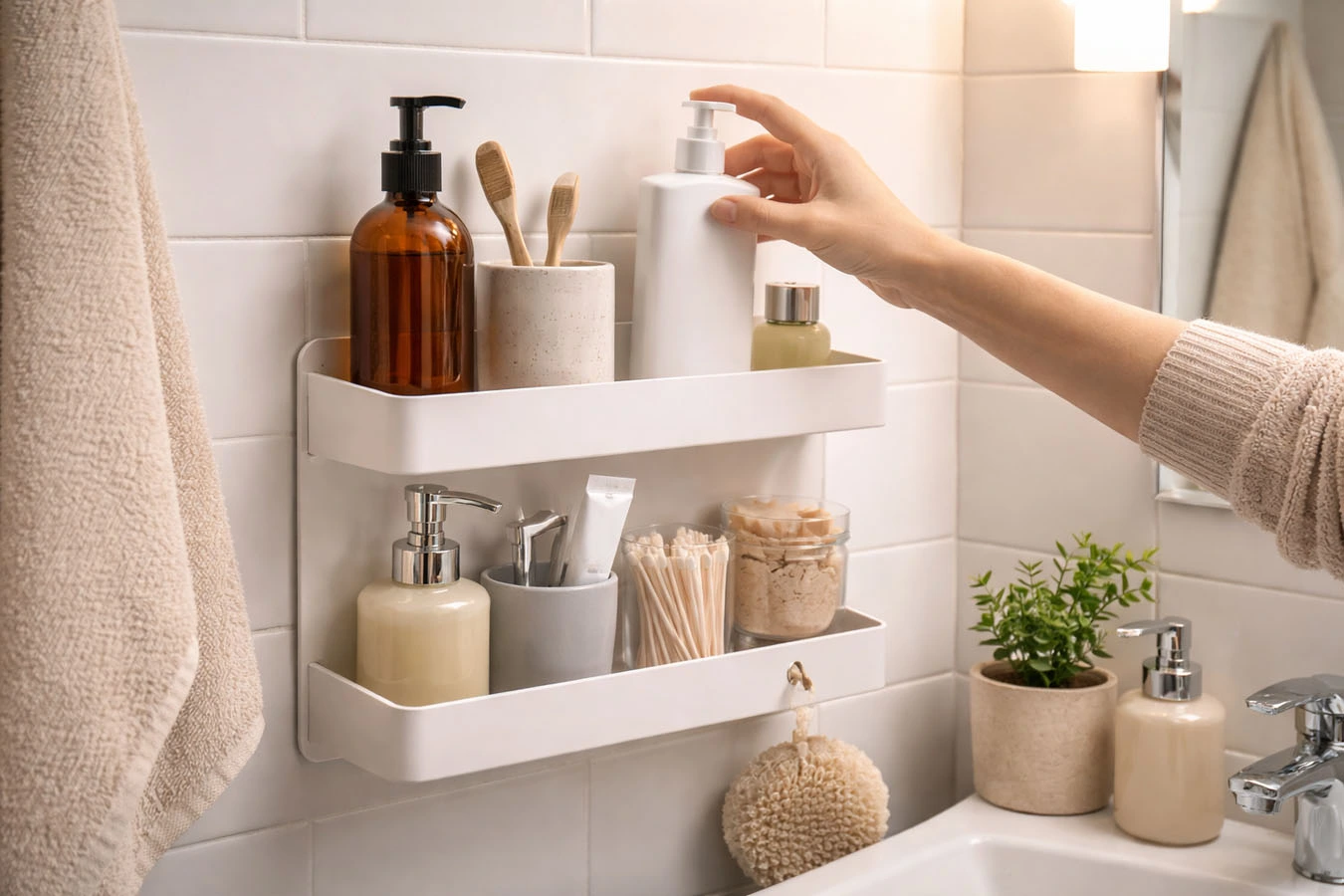 Bathroom toiletries organization in a micro-studio (very compact, tight layout) bathroom using adhesive wall caddy