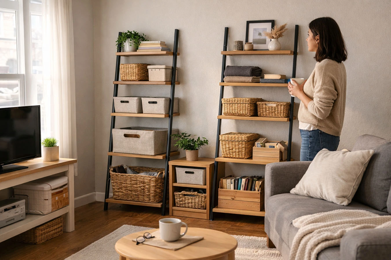 Decorative + functional hybrid storage in a small studio apartment living room using ladder racks