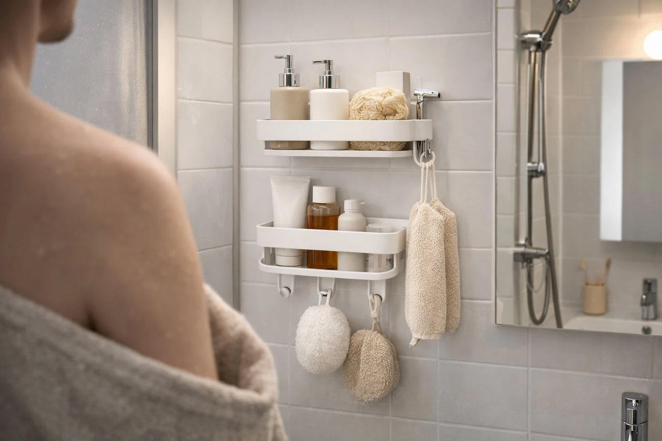  Bathroom toiletries organization in a micro-studio (very compact, tight layout) bathroom using stick-on shower caddy