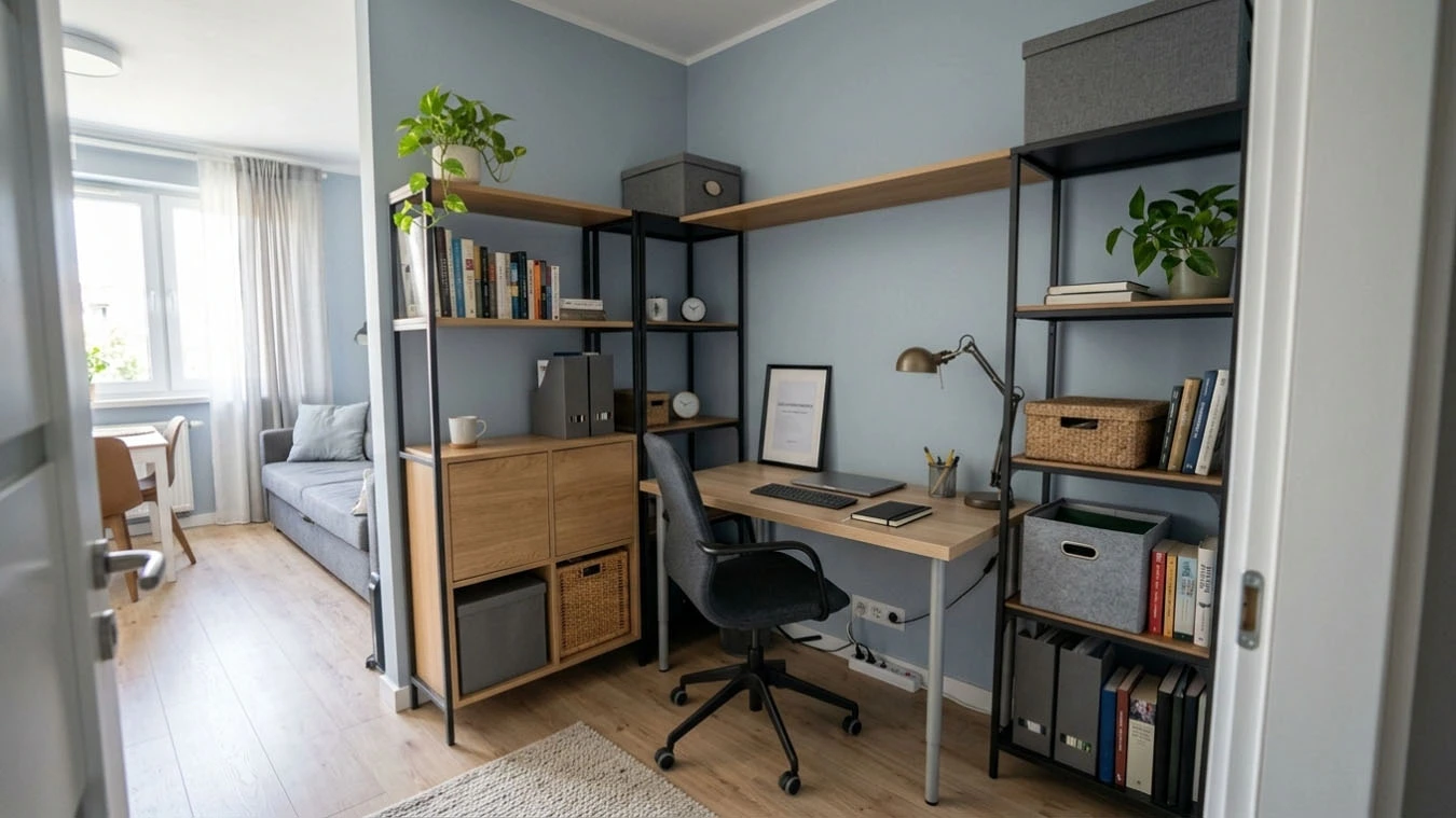 Cleaning supply storage in a narrow railroad-style apartment narrow hallway transition using narrow vertical tower unit