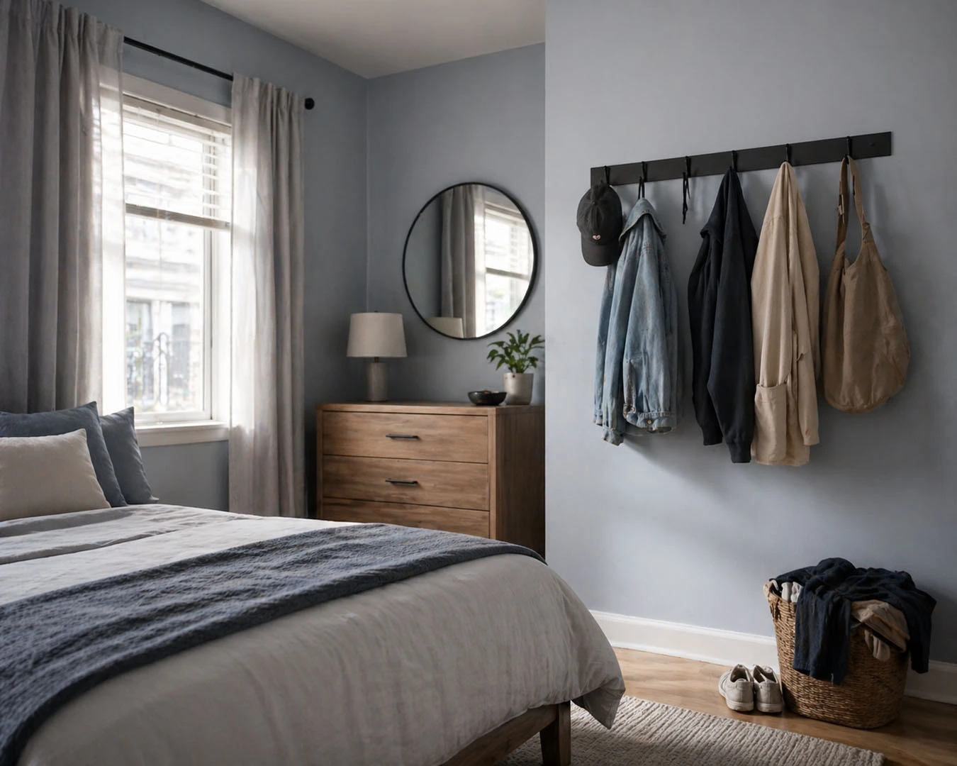 Clothing & wardrobe overflow in a compact 1-bedroom apartment bedroom using peel-and-stick hook rail