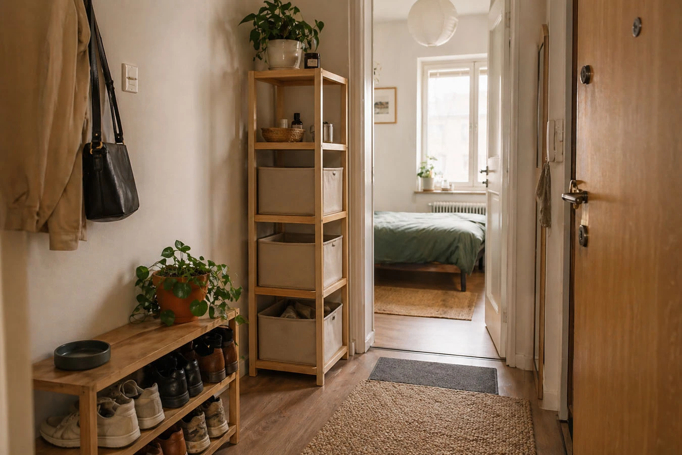 Entryway drop zone in a compact 1-bedroom apartment entryway / hallway using freestanding vertical shelving