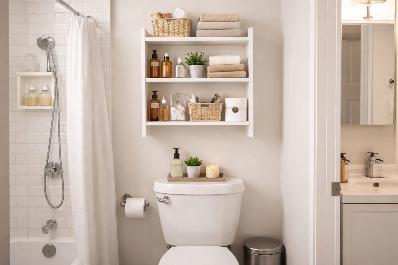 Bathroom toiletries organization in a micro-studio (very compact, tight layout) bathroom using over-the-toilet shelving