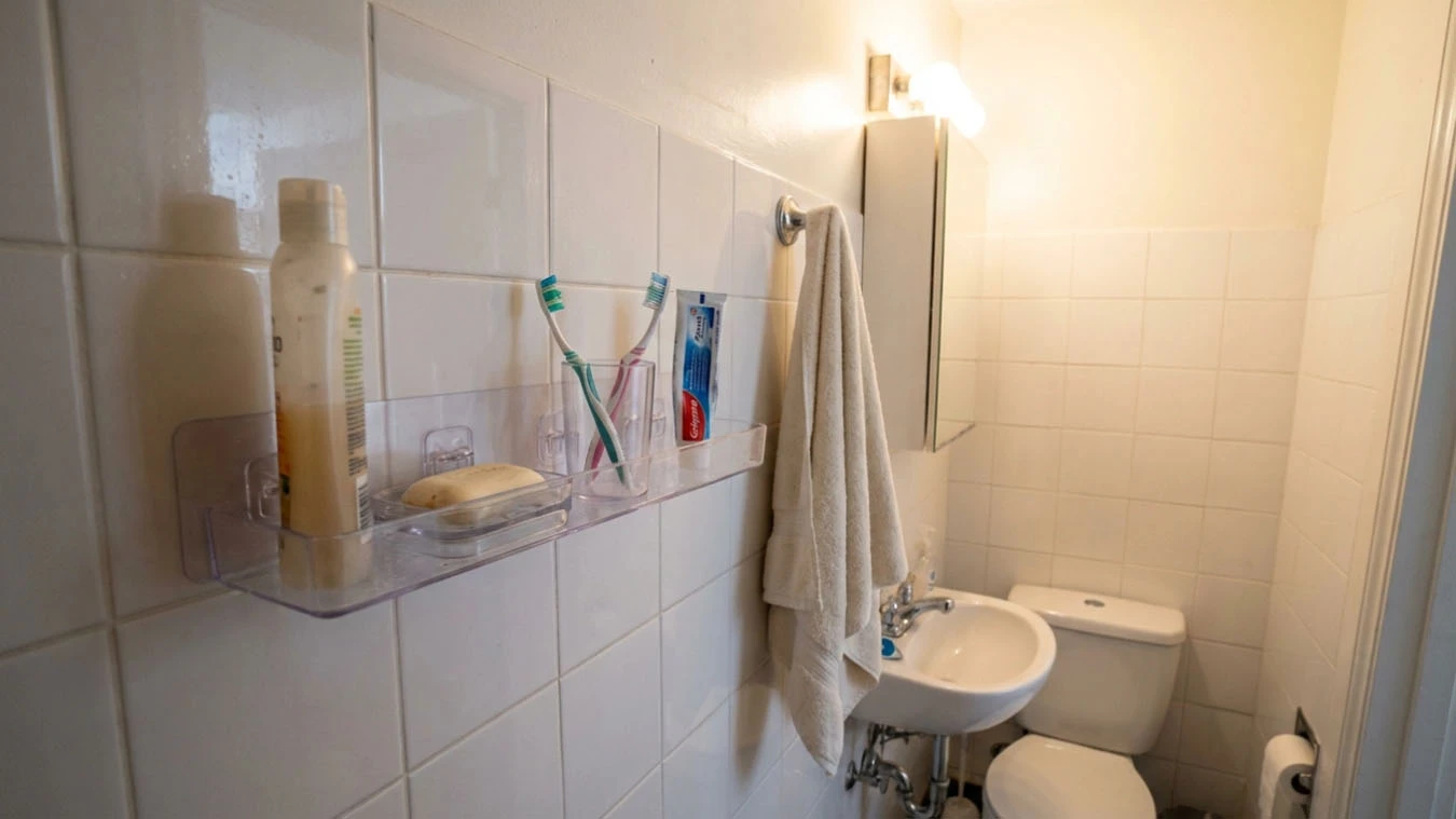 Bathroom toiletries organization in a small studio apartment bathroom using adhesive wall caddy
