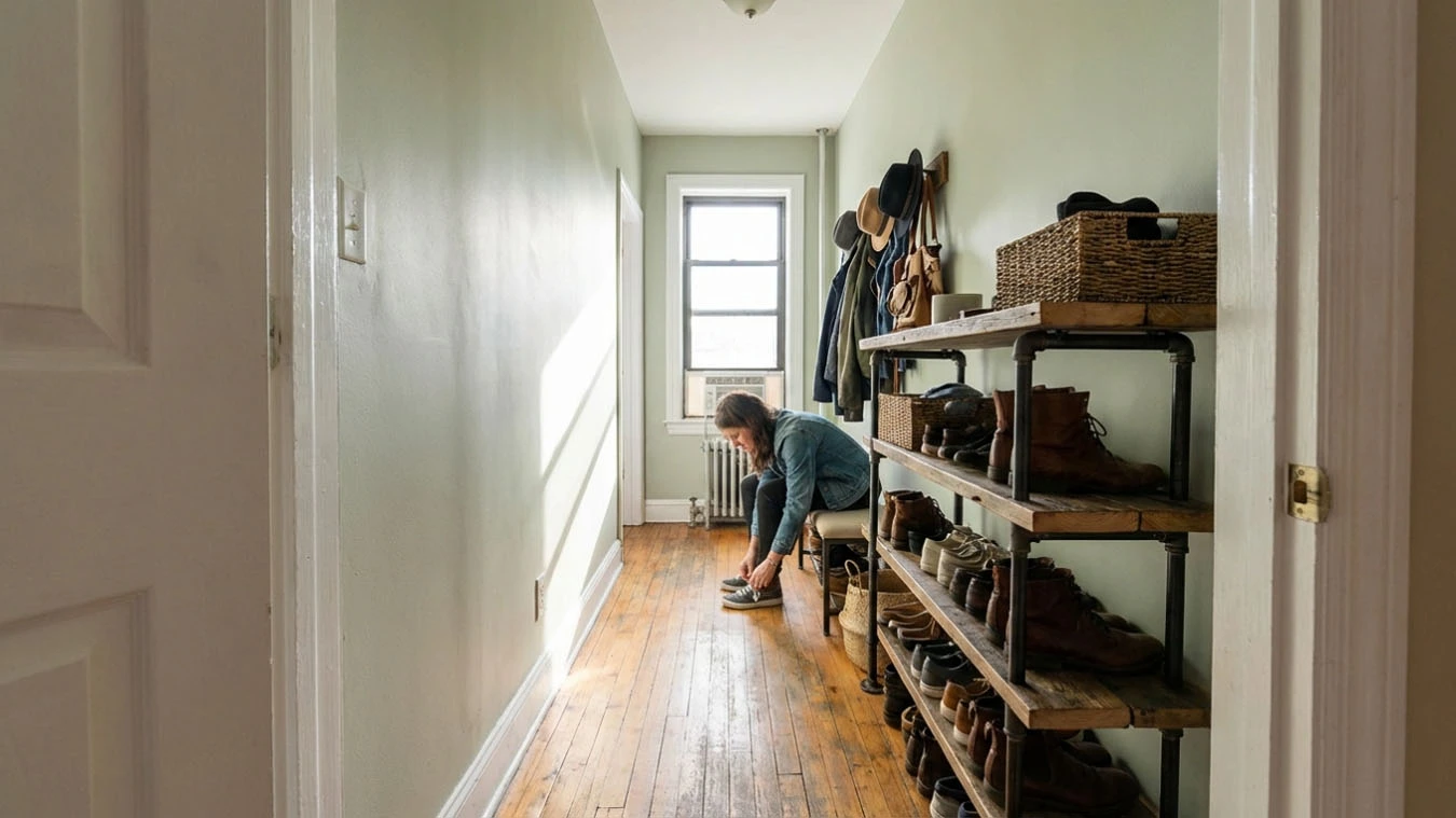 Entryway drop zone in a narrow railroad-style apartment entryway / hallway using tiered shoe rack