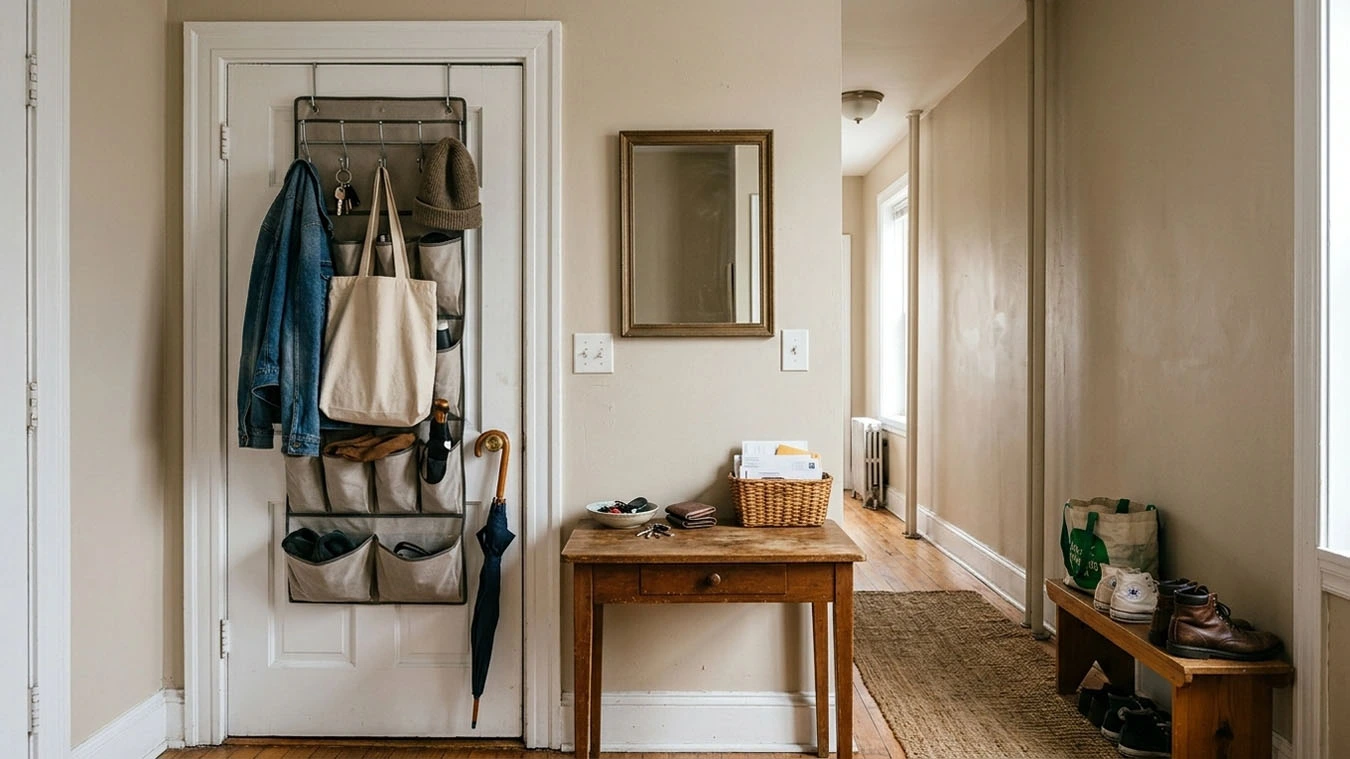 Entryway drop zone in a narrow railroad-style apartment entryway / hallway using over-the-door rack