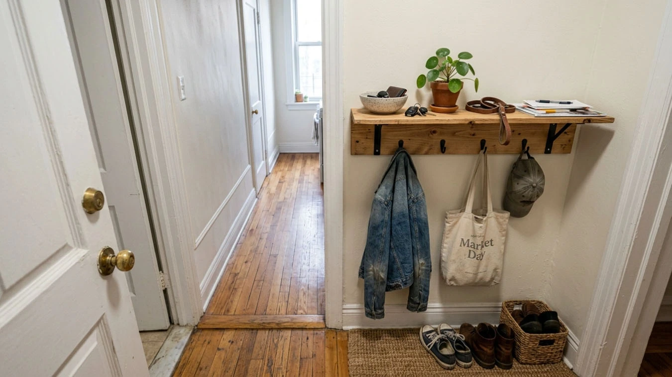 Entryway drop zone in a narrow railroad-style apartment entryway / hallway using wall-mounted shelf