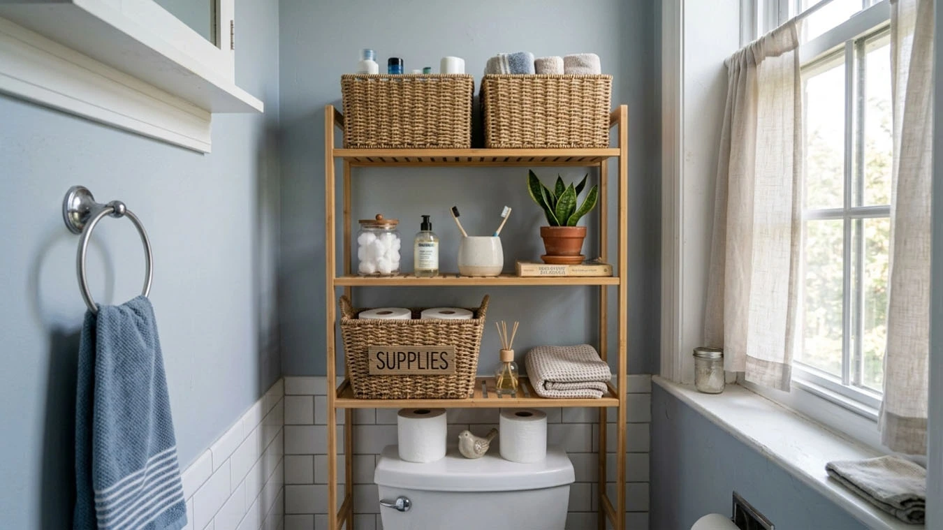 Decorative + functional hybrid storage in a compact 1-bedroom apartment bathroom wall above toilet using over-the-toilet shelving