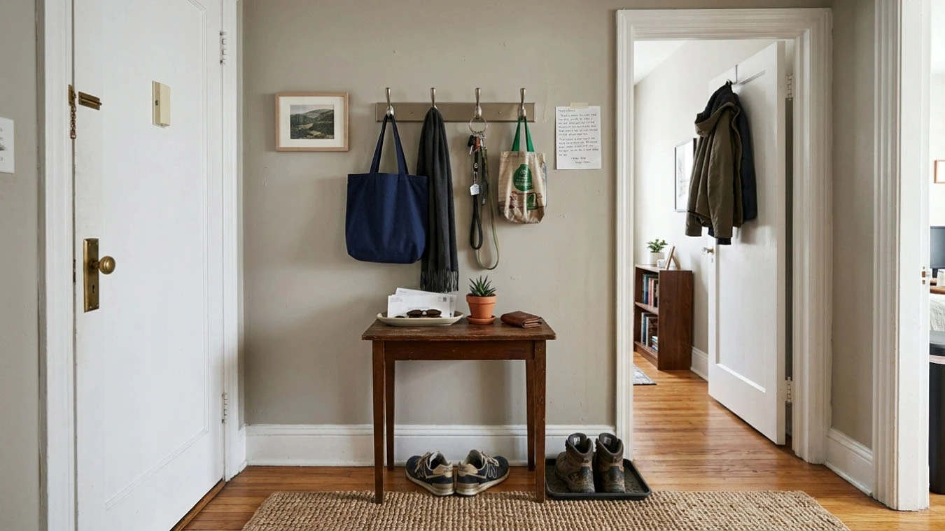 Entryway drop zone in a compact 1-bedroom apartment entryway / hallway using peel-and-stick hook rail