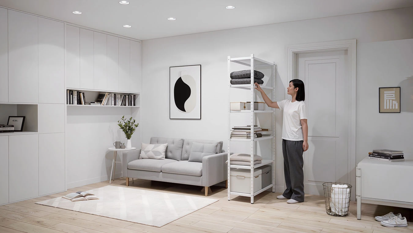 Work-from-home storage in a small studio apartment home office using mixed modular system (open + closed)