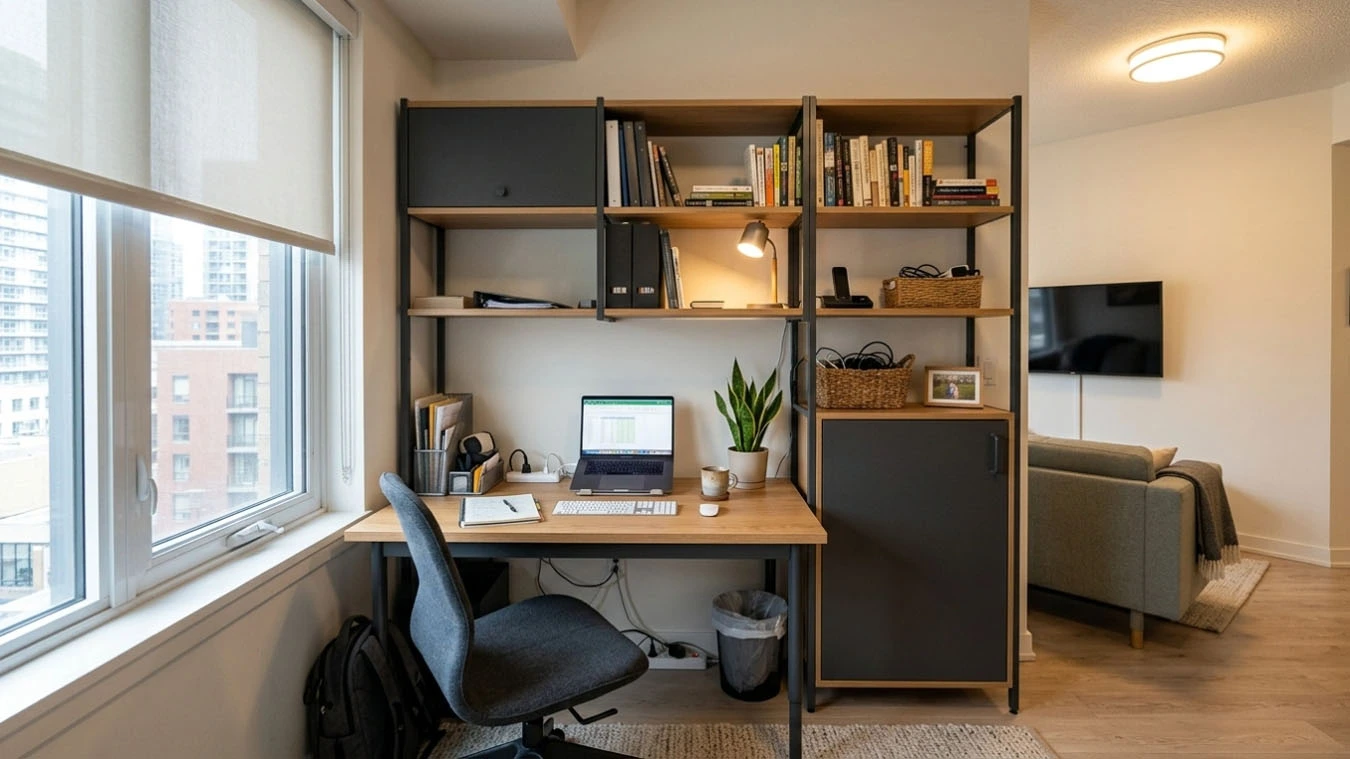 Work-from-home storage in a compact 1-bedroom apartment home office using mixed modular system (open + closed)