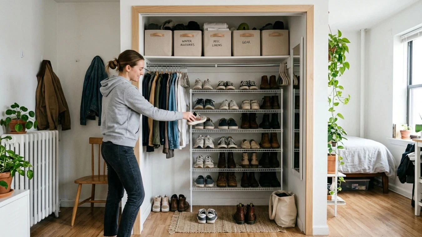 Shoe organization system in a small studio apartment closet interior using closet top-shelf storage bins