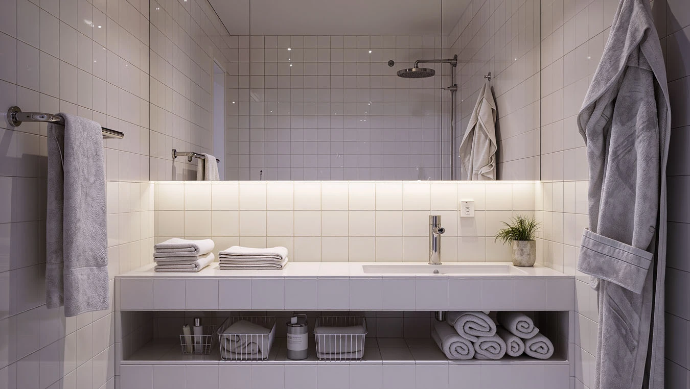Towel & linen storage in a micro-studio (very compact, tight layout) bathroom using peel-and-stick towel bar
