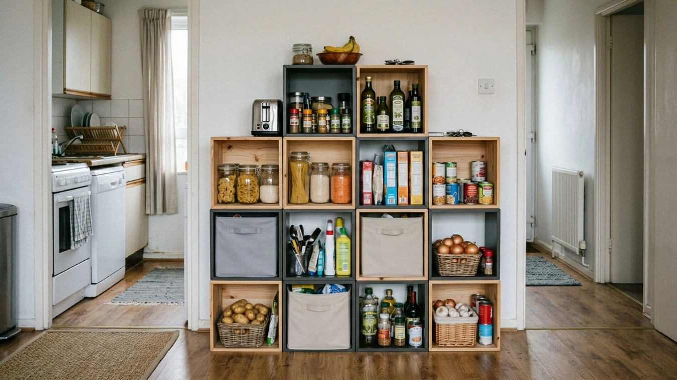 Pantry & kitchen overflow in a average 1-bedroom rental kitchen overflow using stacked cube organizers