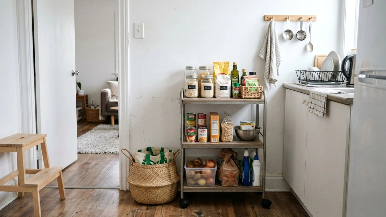 Pantry & kitchen overflow in a compact 1-bedroom apartment kitchen overflow using slim rolling cart