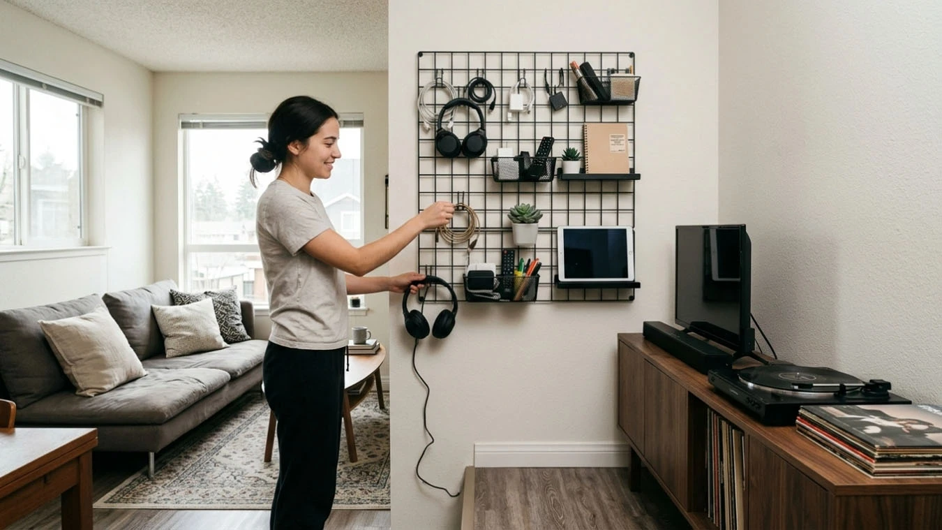 Media / tech organization in a open-concept small apartment living room using wall grid organizer systems