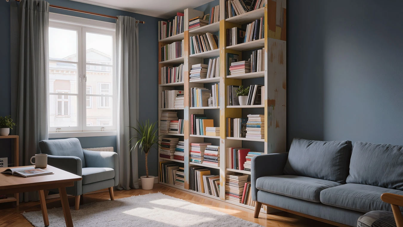Overflow book storage in a compact 1-bedroom apartment living room using corner shelving units