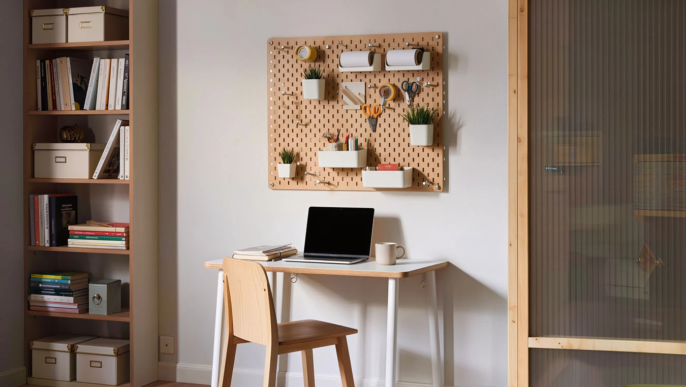 Work-from-home storage in a small studio apartment home office using pegboards