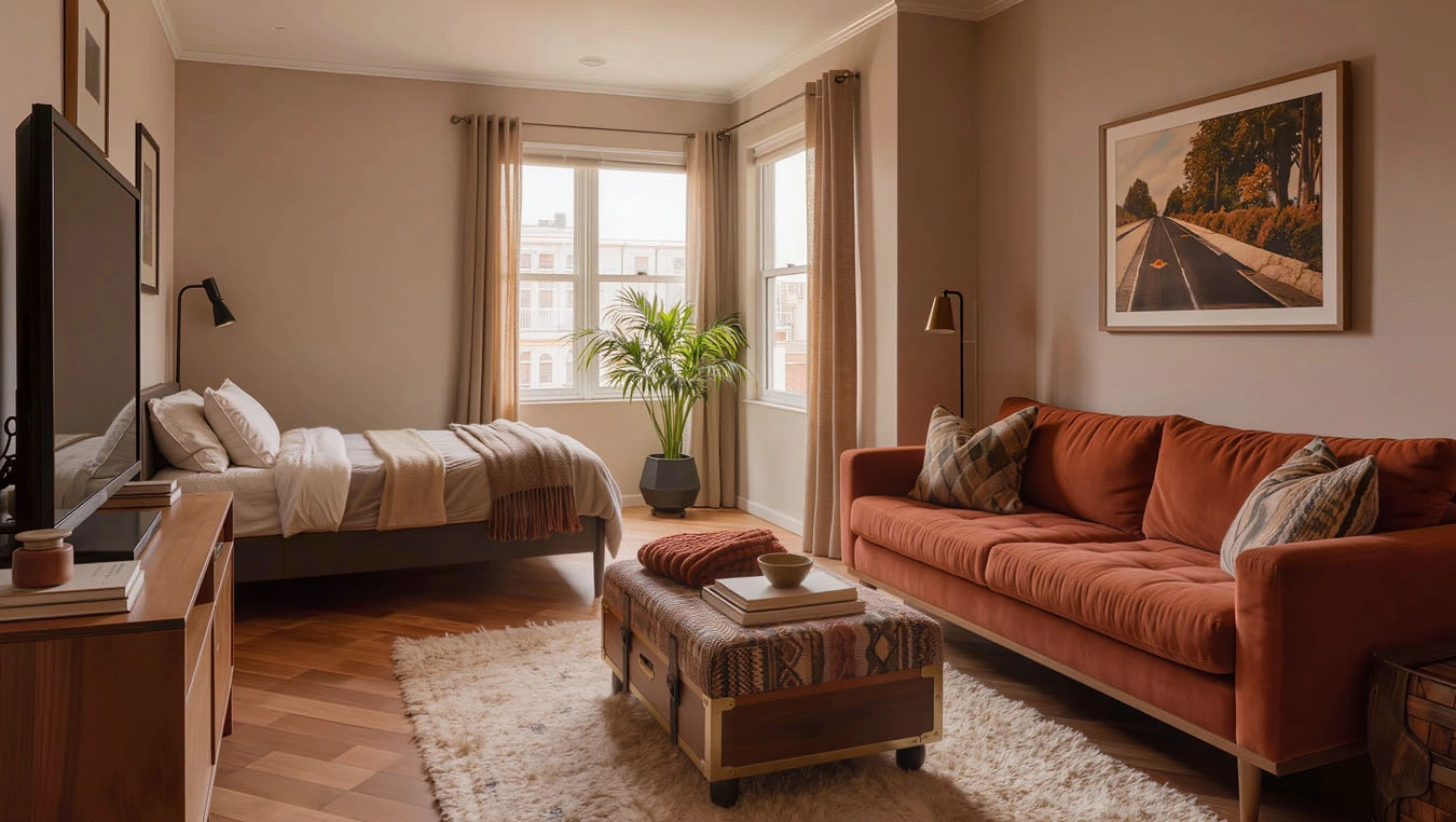 Decorative + functional hybrid storage in a compact 1-bedroom apartment living room using storage ottoman