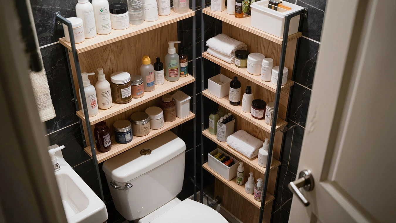 Bathroom toiletries organization in a micro-studio (very compact, tight layout) bathroom wall above toilet using over-the-toilet shelving