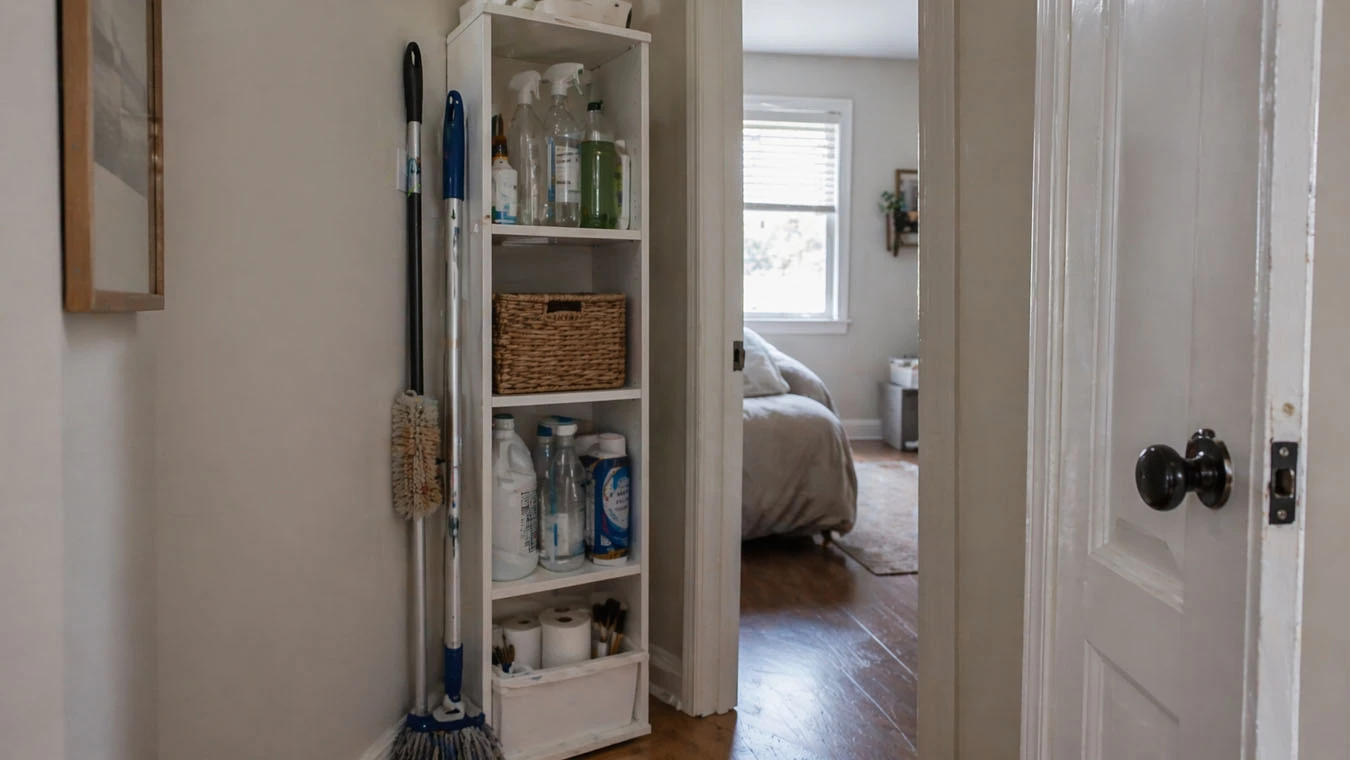 Seasonal & bulk storage in a small studio apartment living room using freestanding vertical shelving