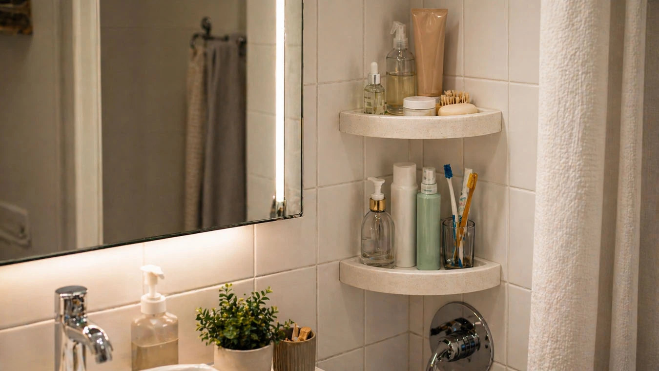 Bathroom toiletries organization in a micro-studio (very compact, tight layout) bathroom using adhesive corner shelf