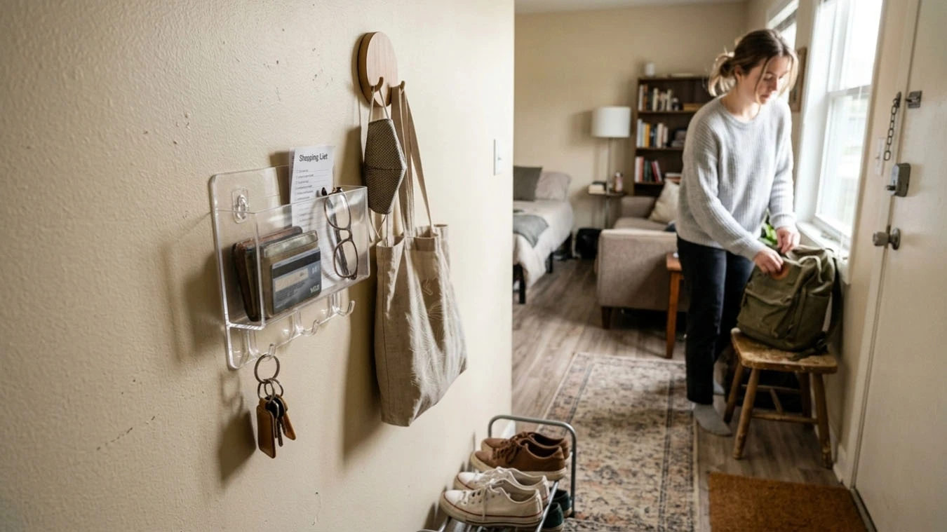 Towel & Linen Storage for renters in a micro-studio (very compact, tight layout) bathroom, featuring peel-and-stick towel bar. Bathroom hook system organizing towels and toiletries in a compact layout