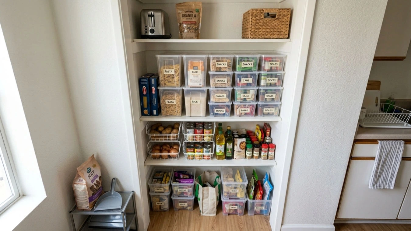 Pantry & kitchen overflow in a compact 1-bedroom apartment pantry nook using stackable clear storage boxes