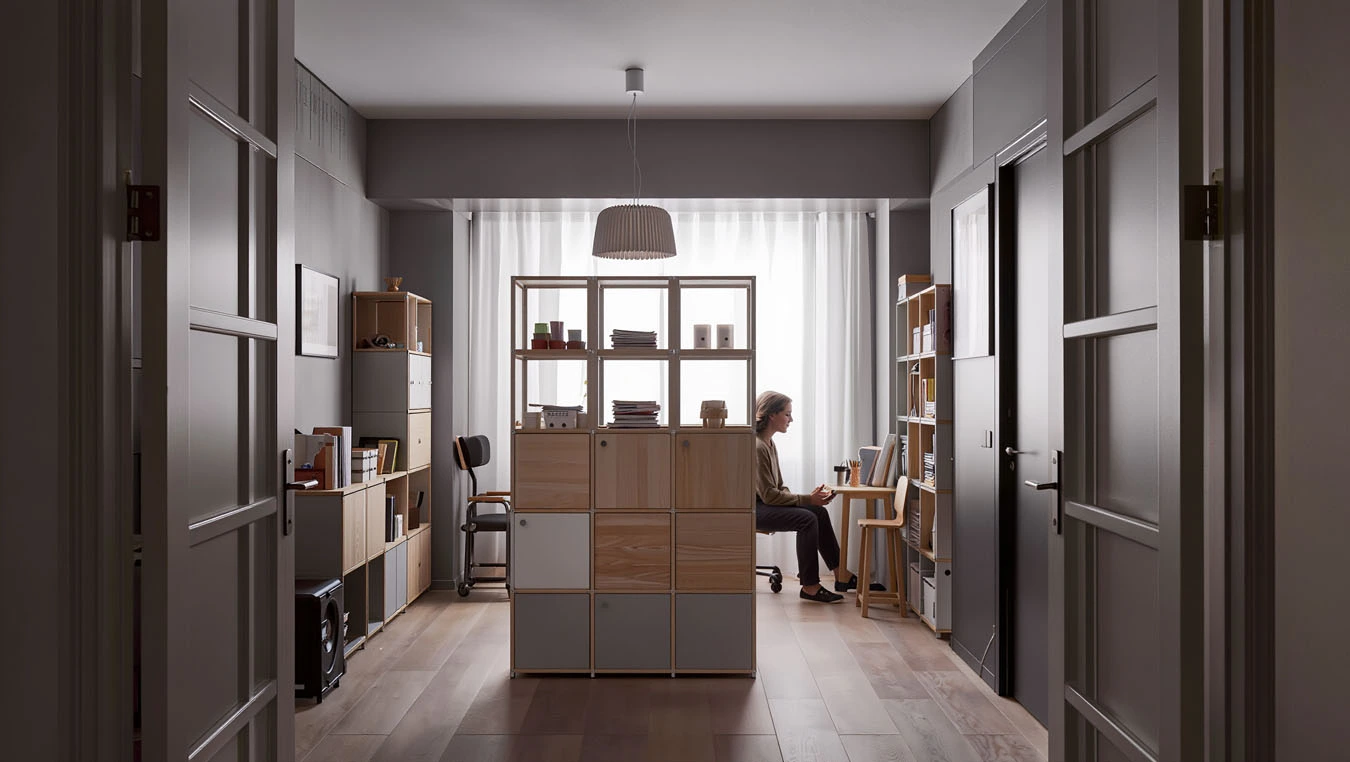 Room divider + storage in a studio apartment main zone multi-use room divider using mixed modular system (open + closed)