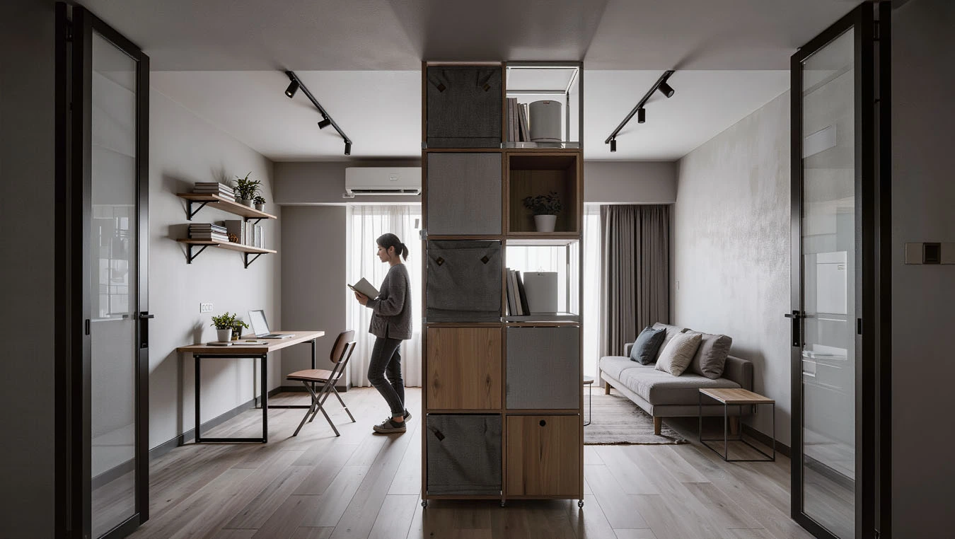 Room divider + storage in a open-concept small apartment studio apartment main using mixed modular system (open + closed)
