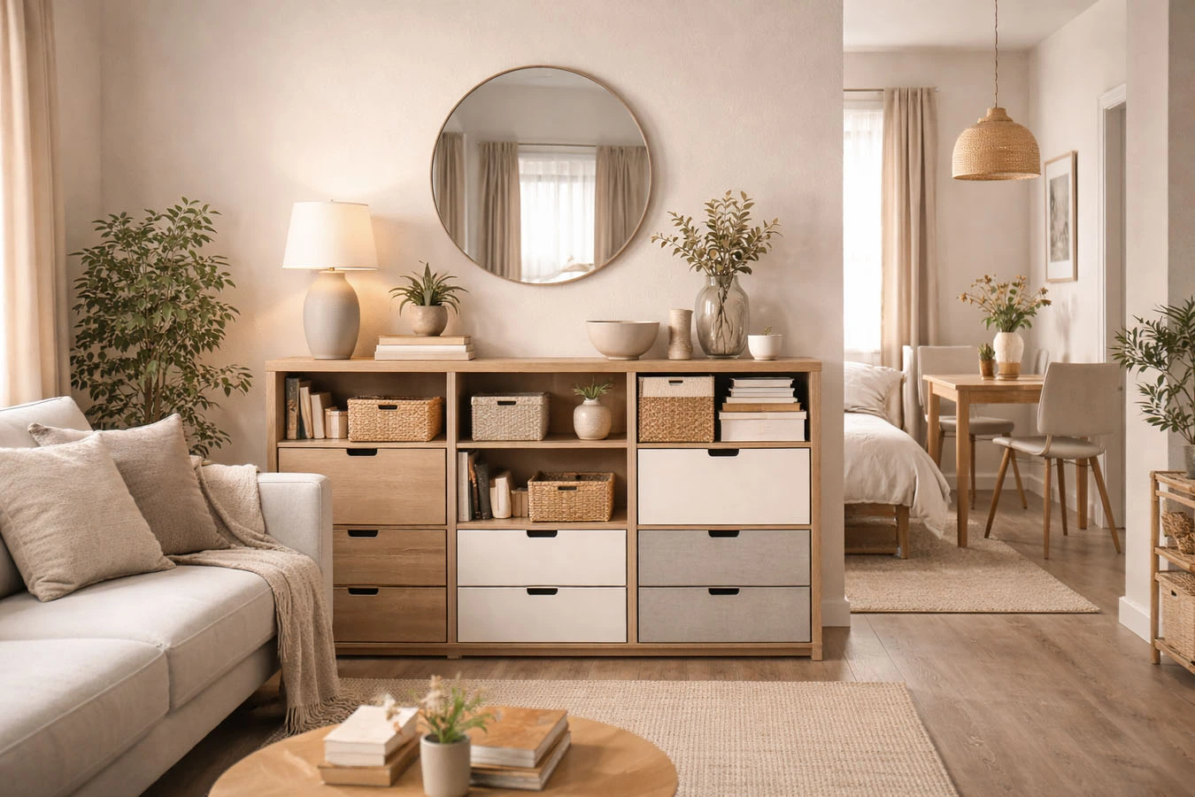 Decorative + functional hybrid storage in a average 1-bedroom rental living room using modular drawer blocks
