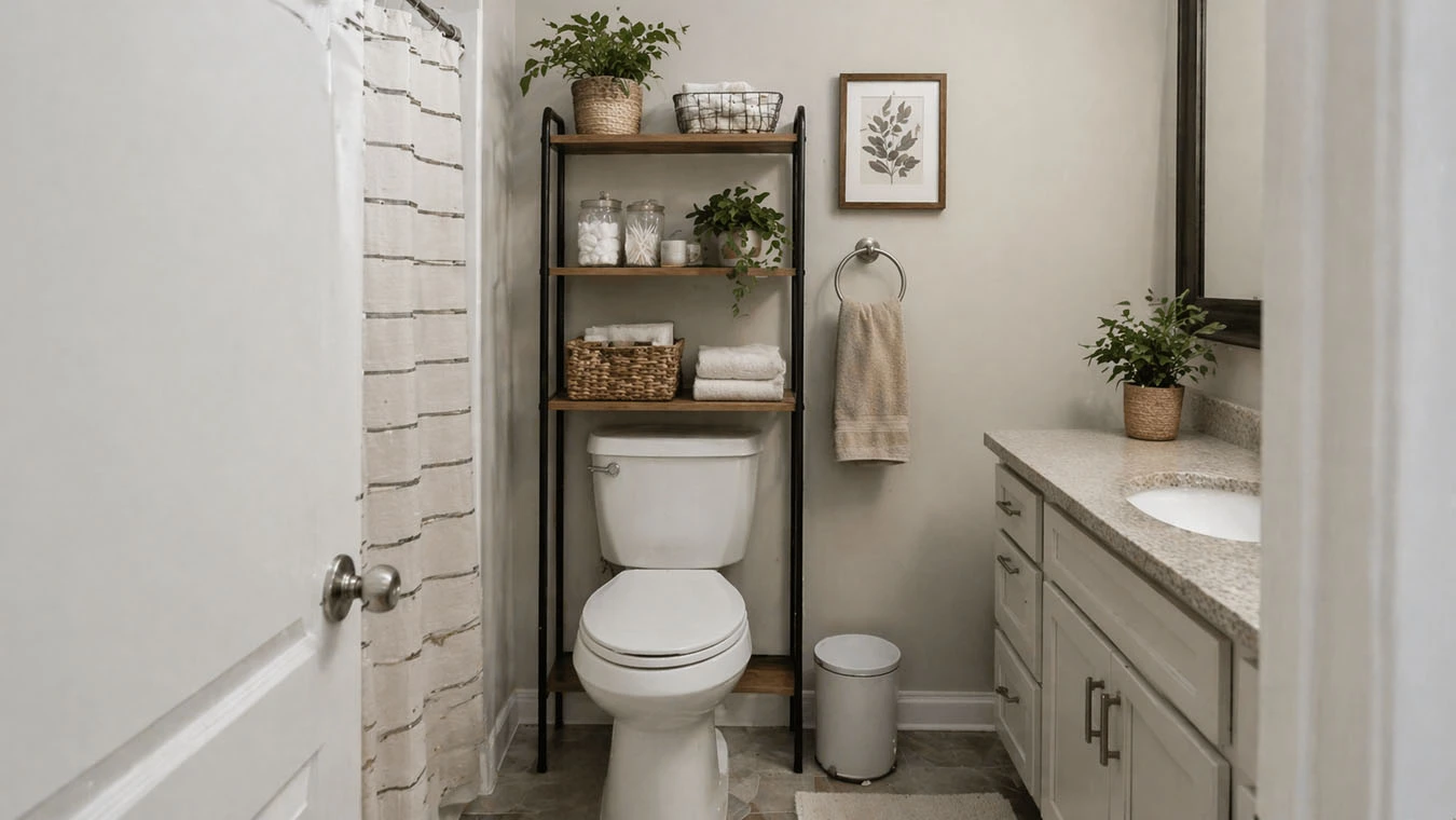 Overhead vertical storage in a average 1-bedroom rental bathroom using over-the-toilet shelving