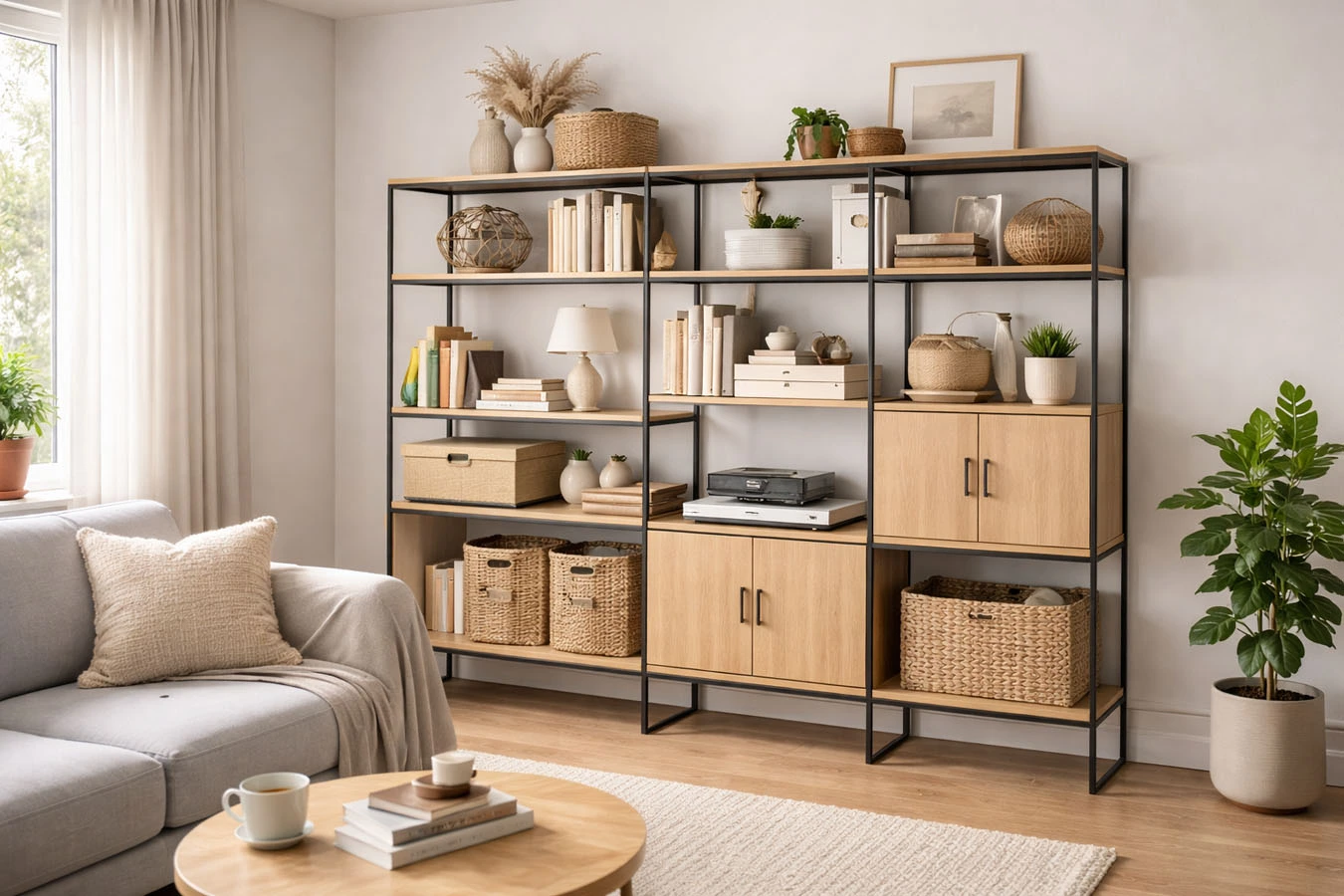 Decorative + functional hybrid storage in a average 1-bedroom rental living room using mixed modular system (open + closed) 