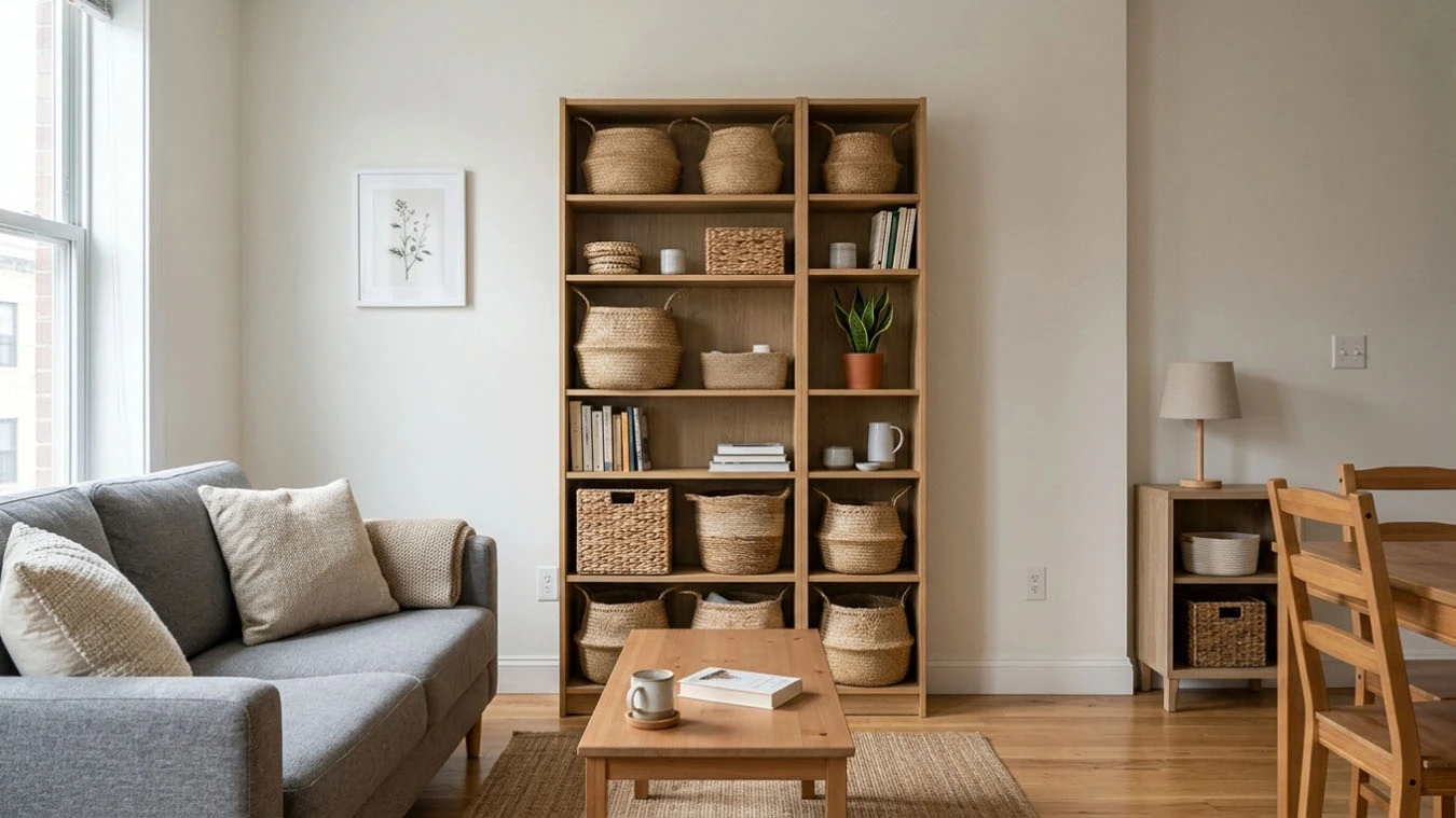 Decorative + functional hybrid storage in a compact 1-bedroom apartment living room using tall bookcases