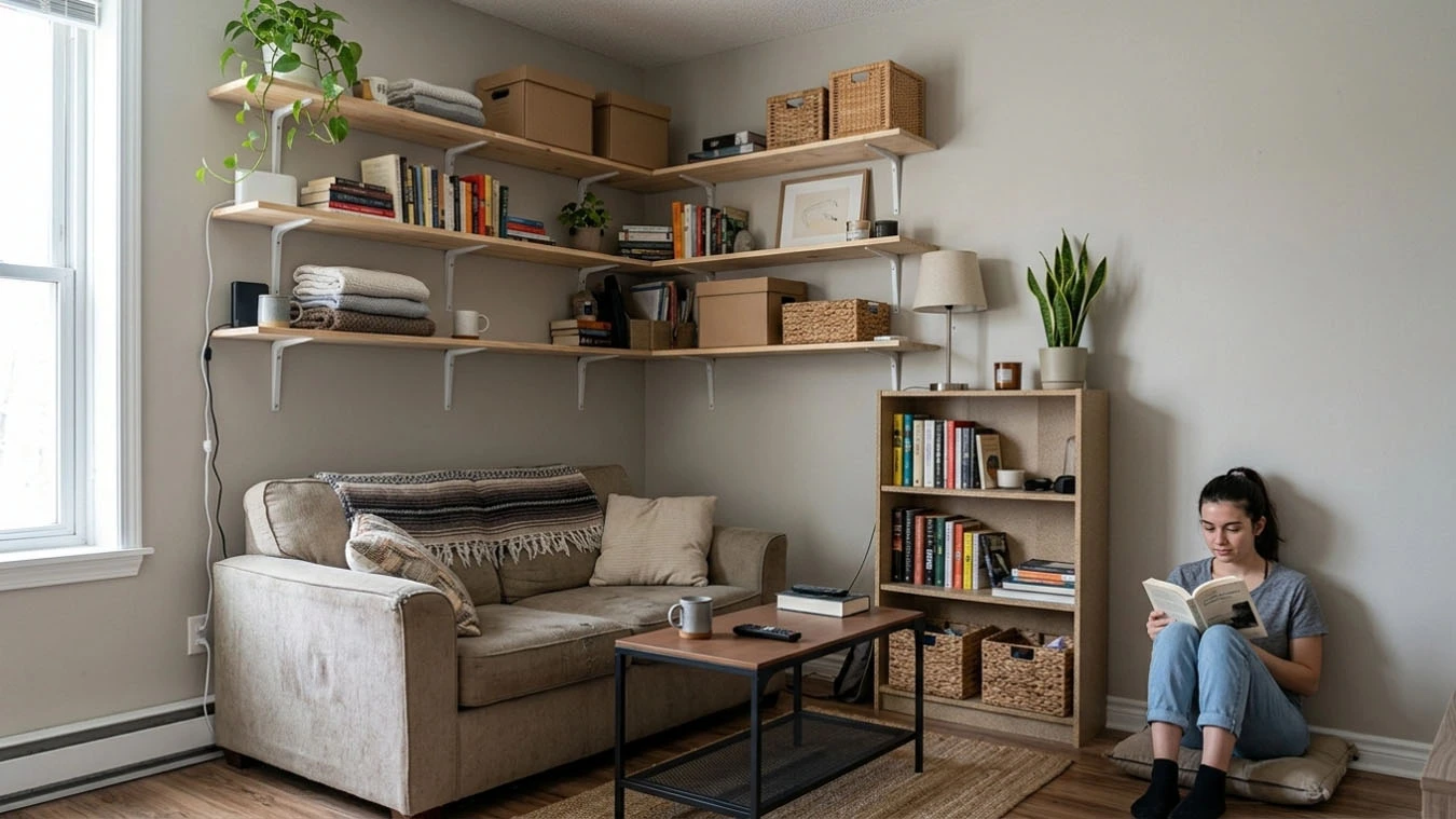 Decorative + functional hybrid storage in a small studio apartment living room using corner shelving units
