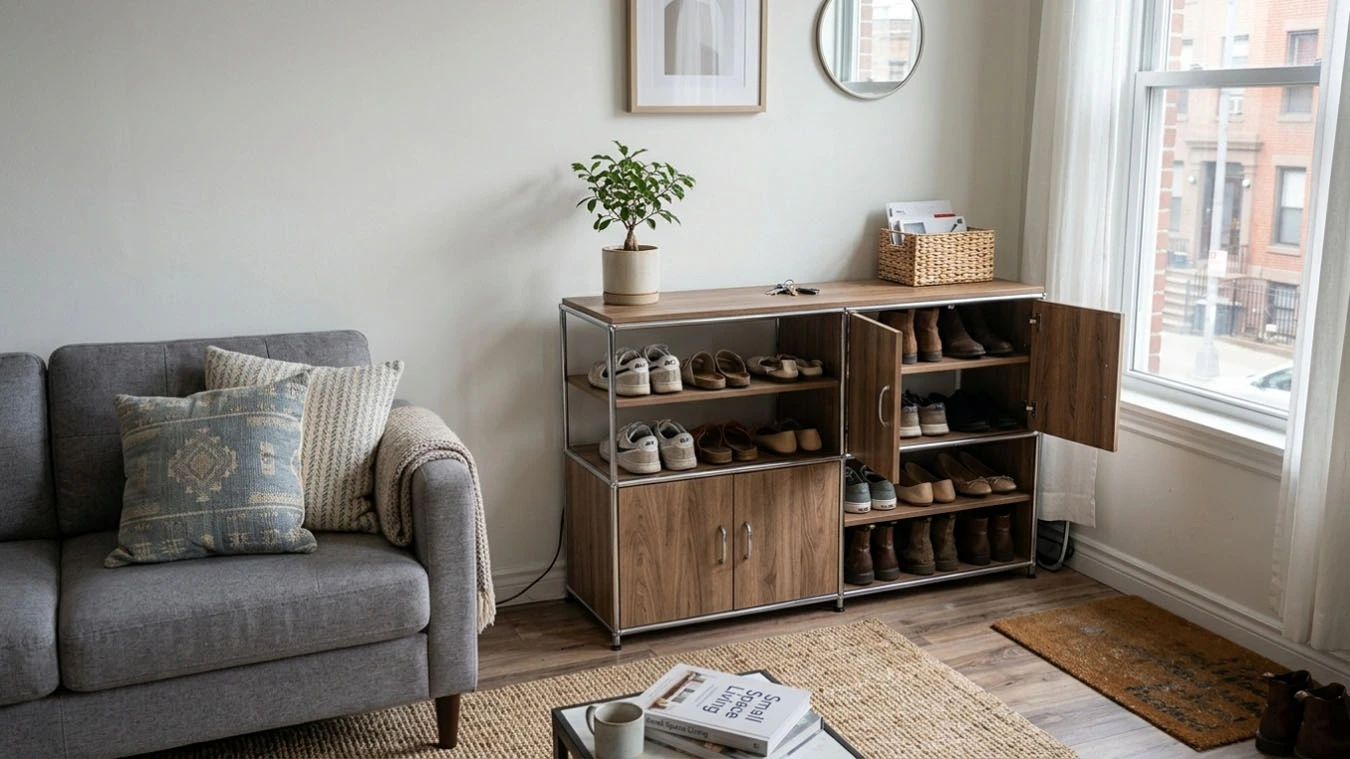 Decorative + functional hybrid storage in a open-concept small apartment living room using mixed modular system (open + closed)
