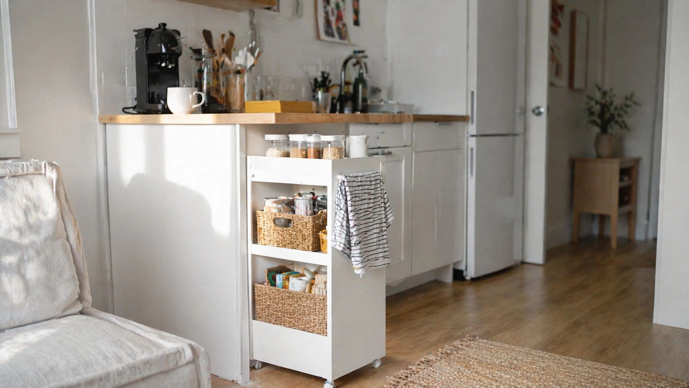 Pantry & kitchen overflow in a small studio apartment kitchen overflow using slim rolling cart