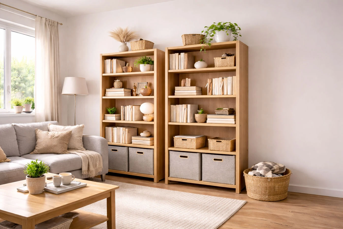 Overhead vertical storage in a small studio apartment living room using tall bookcases