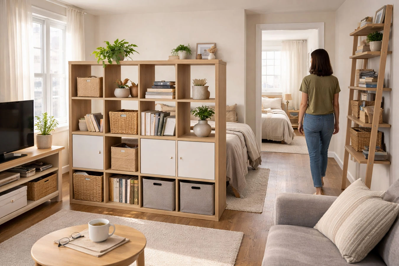 Room divider + storage in a open-concept small apartment living room using mixed modular system (open + closed)
