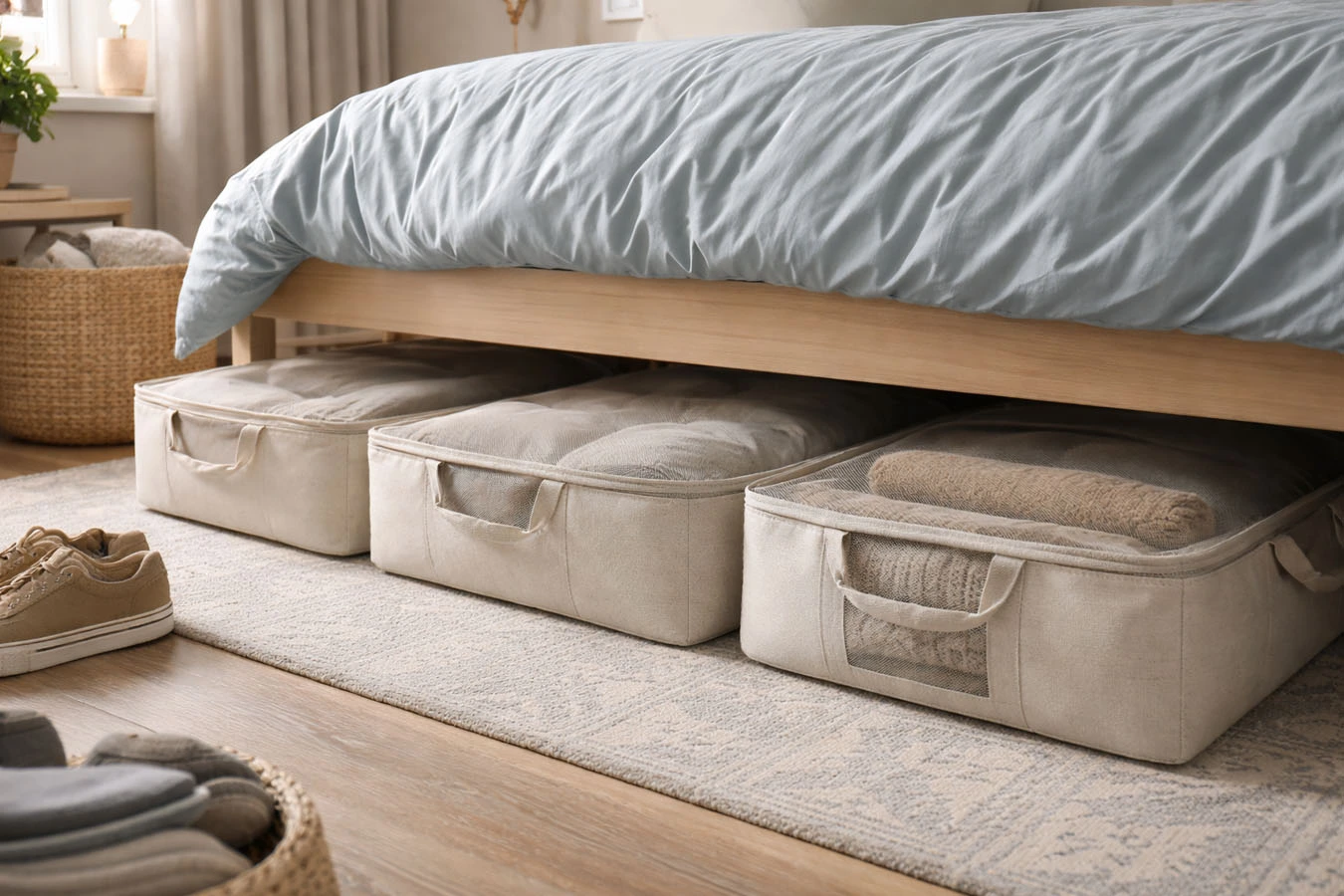 Seasonal & bulk storage in a small studio apartment under-bed using fabric under-bed storage bags